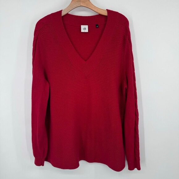 Cabi standout Red V-Neck Sweater size large ribbed Cable Knit Sleeves womens - Picture 5 of 12